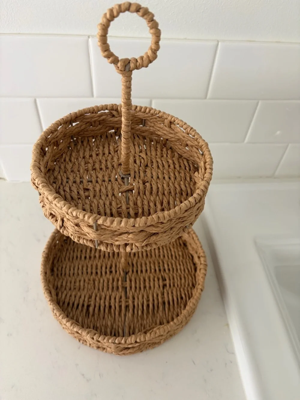 Two-Tier Woven Rattan Stand - Natural Tan - Picture 2 of 3